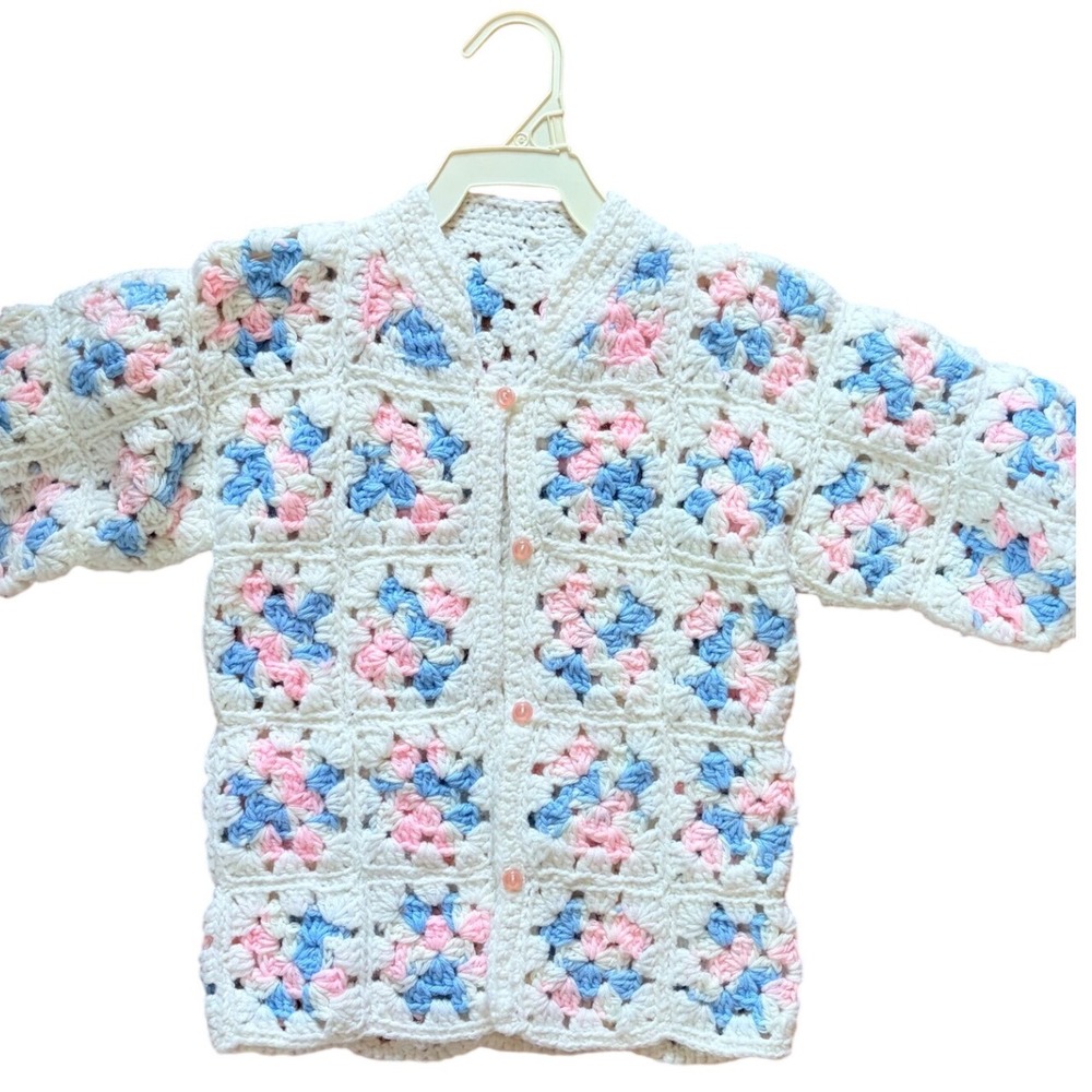 Handmade Crochet Granny Square Cardigan Kids Pink Blue White Patchwork Sweater